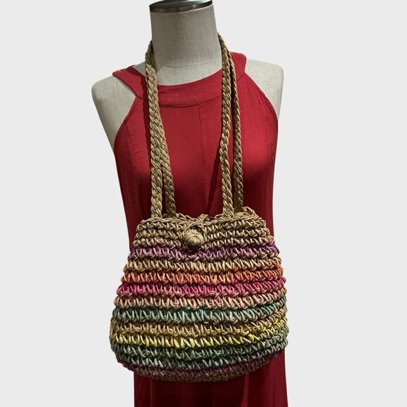 Vintage Rainbow Striped Straw Jute Tote Bag Purse Hobo Beach Cruise Vacation - Picture 1 of 10